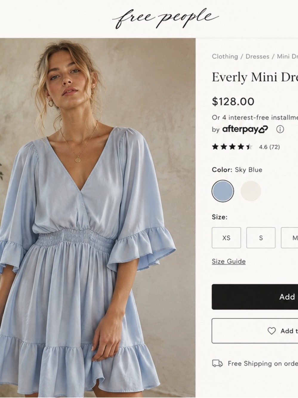 Free People Sky Blue V-Neck Flutter Sleeve Tiered Mini Dress